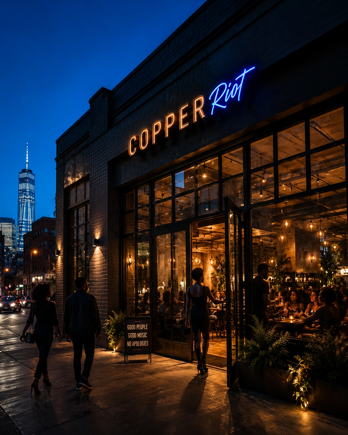 Copper Riot café exterior glowing at blue hour