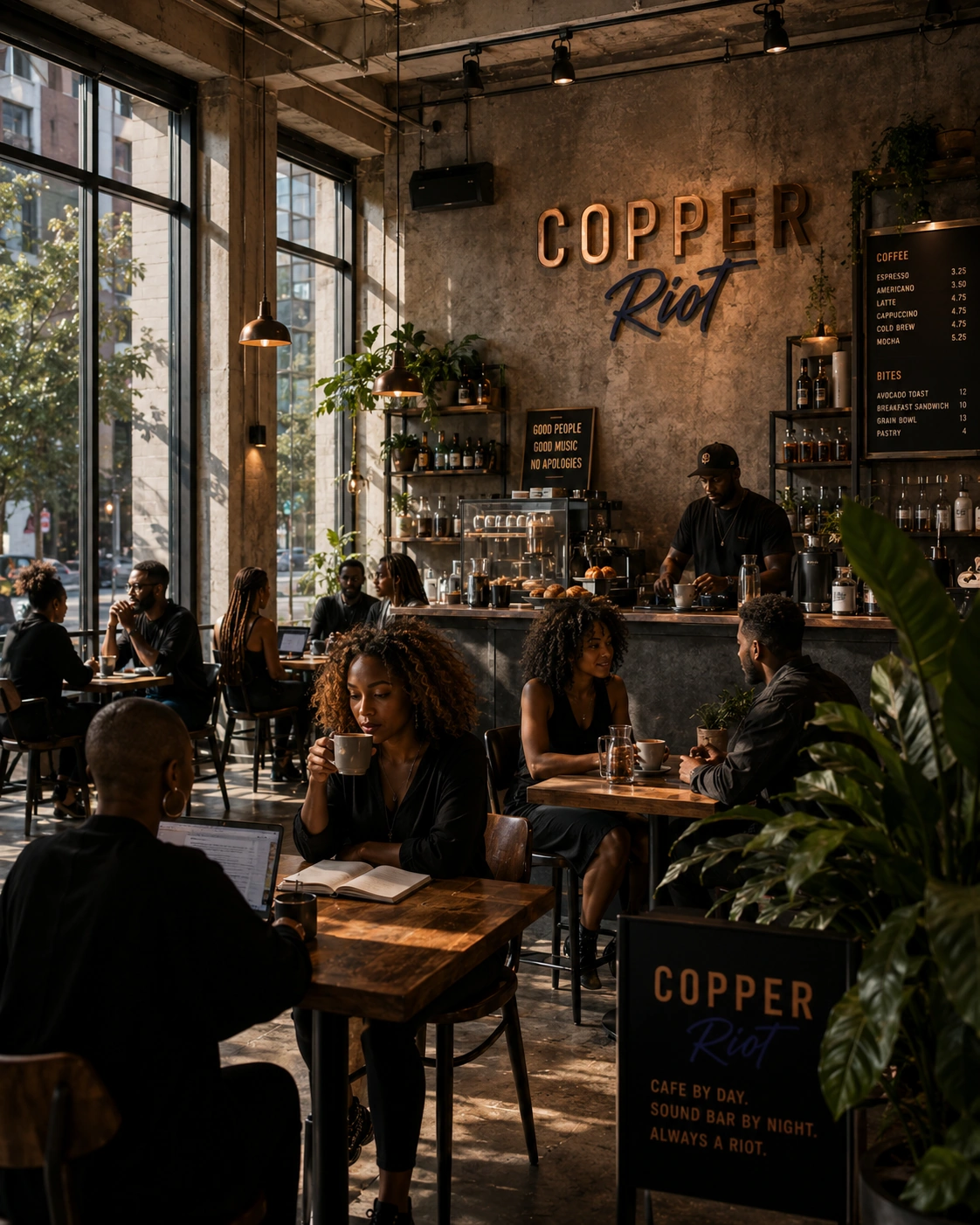 Friends and creatives gathering inside Copper Riot during café hours