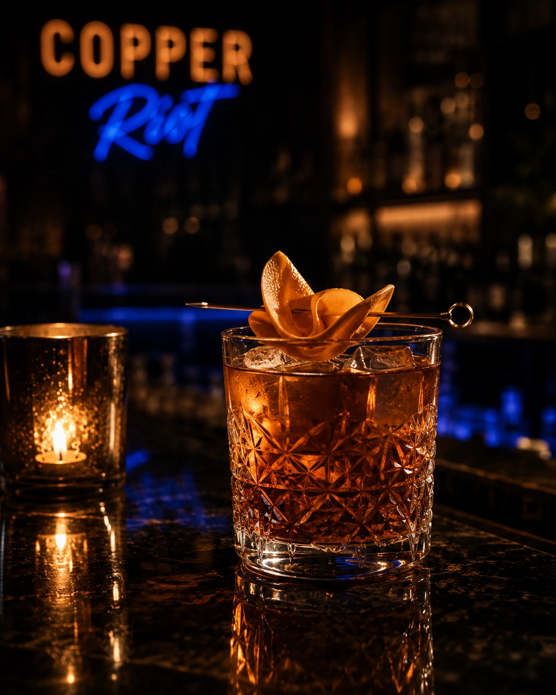 Copper-toned cocktail served during Copper Riot's night program