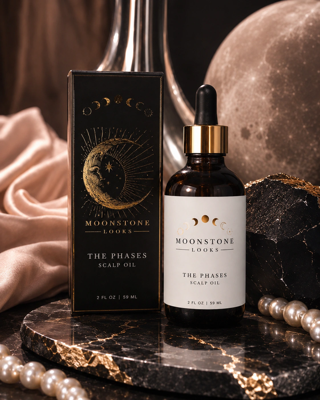 Moonstone Looks scalp oil in an amber bottle with pearl and gold details