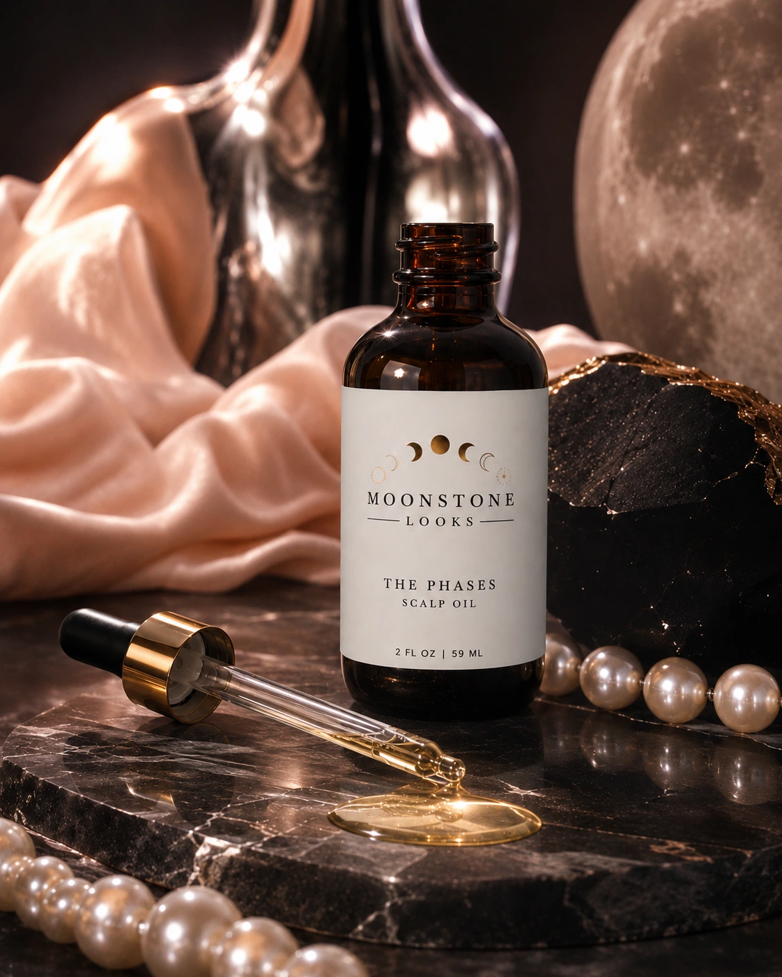 Open Moonstone Looks oil bottle and dropper on blush silk