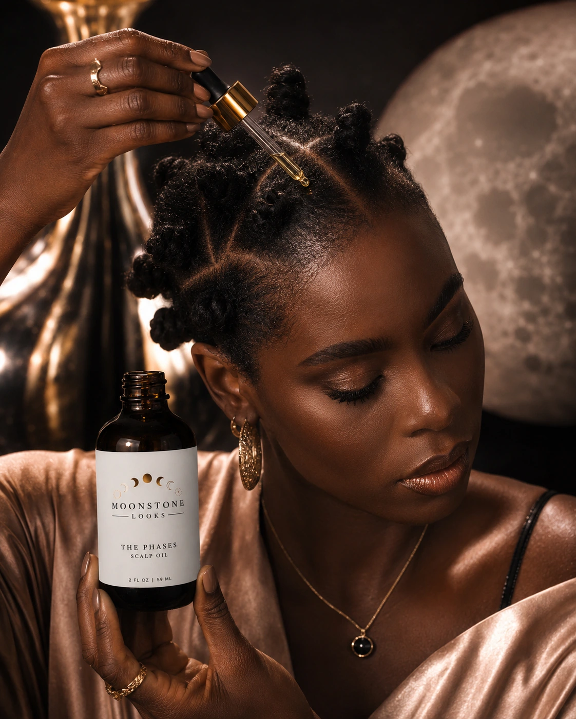 Woman applying Moonstone Looks scalp oil directly to her roots