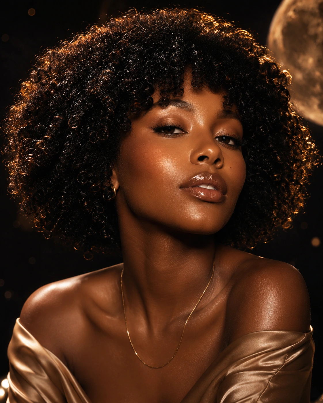 Portrait with glossy defined curls in the Moonstone Looks campaign