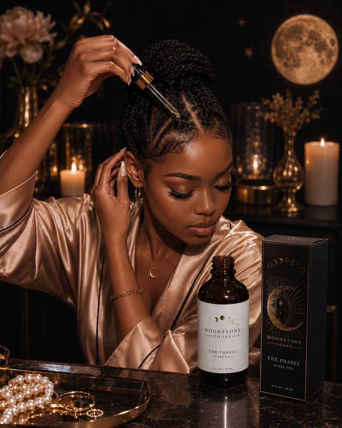 Moonstone Looks evening vanity ritual with scalp oil and pearl accessories